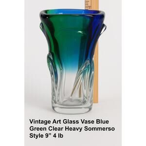 Vintage Art Glass Vase Blue Green Clear Heavy Sommerso Style 9” 4 lb
